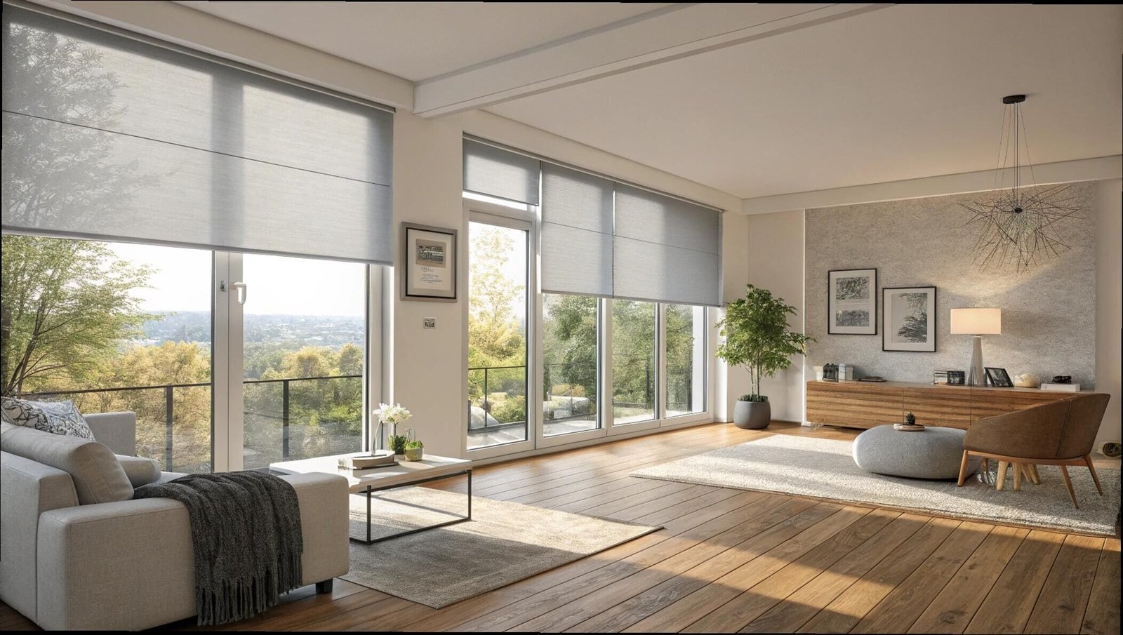 Light-filtering Roman shades in a modern living room with large scenic windows.