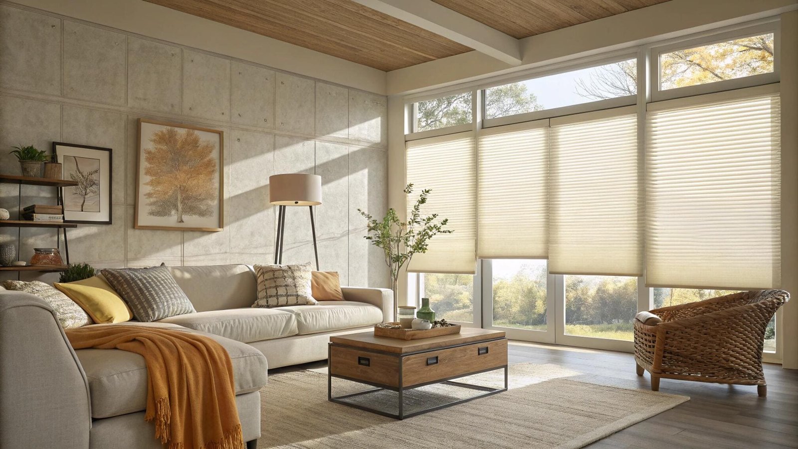 Energy-efficient cellular shades in a modern living room with large windows.