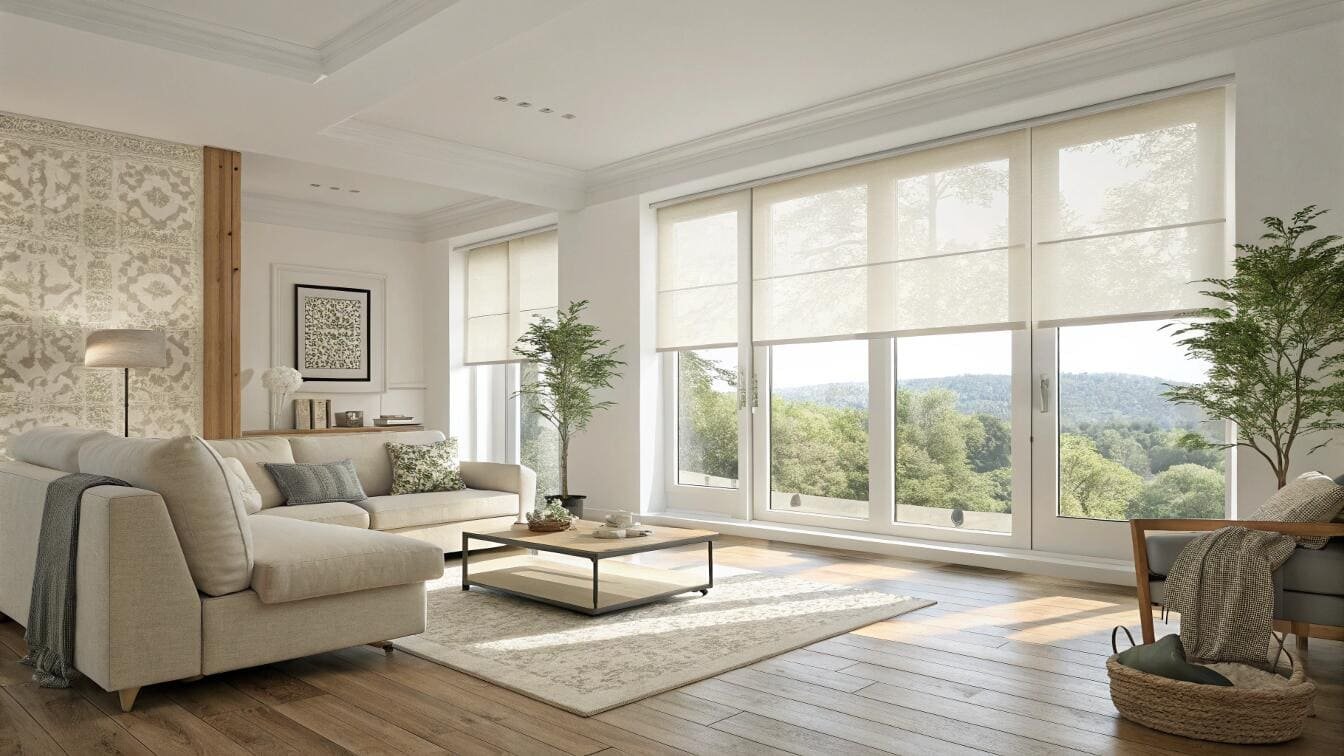 Bright living room with light-filtering roller shades and large scenic windows.