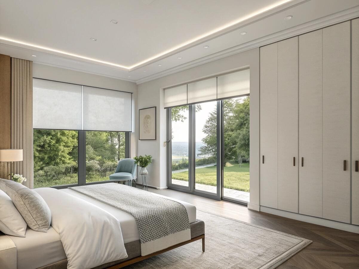 Dual roller shades offer both sheer and light-filtering options in a modern bedroom.