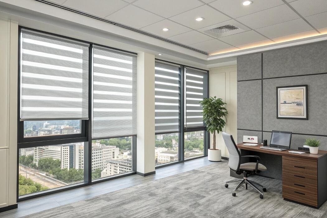 Commercial-grade dual shades provide glare control for modern office building windows.