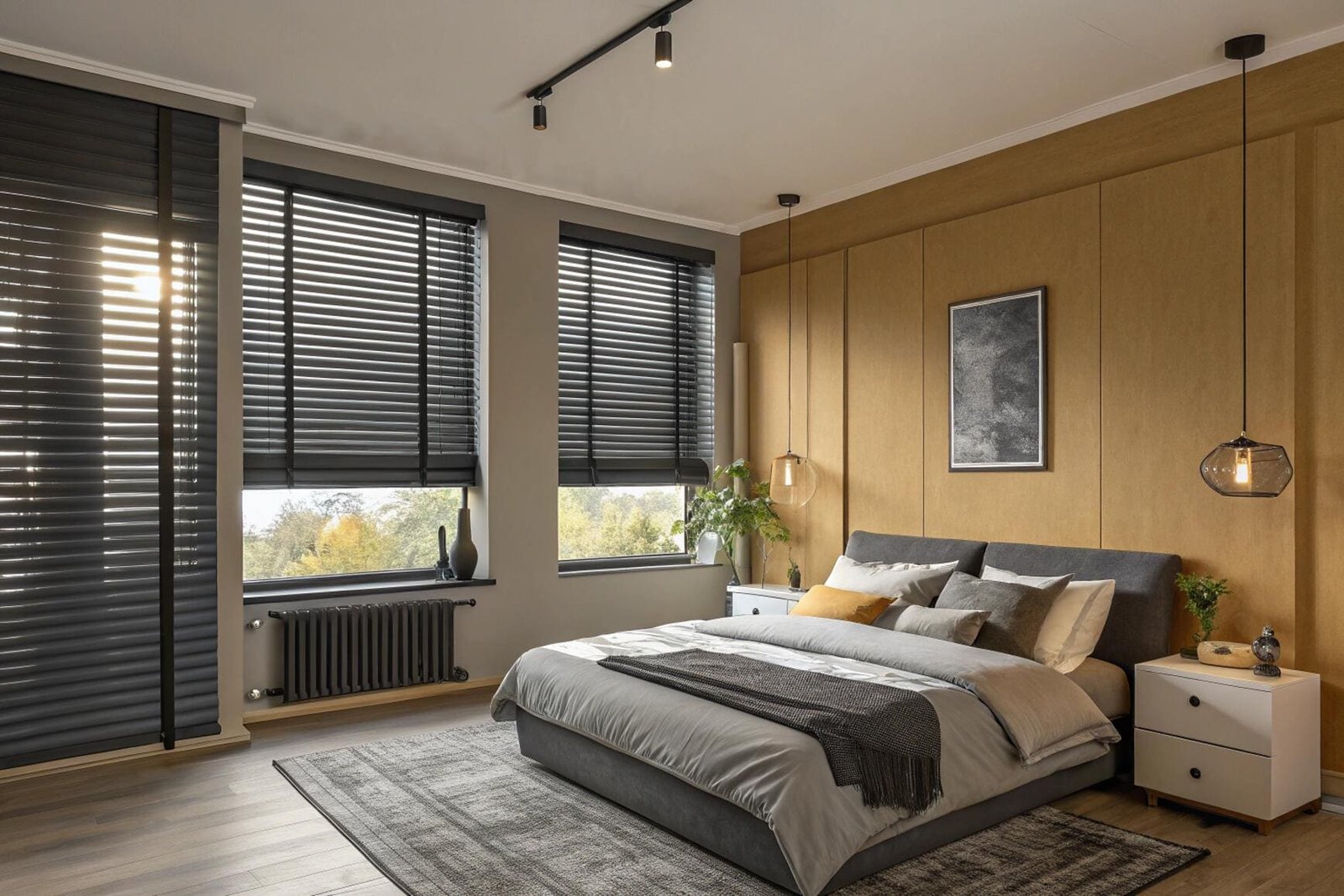 Modern black faux wood blinds provide light control and privacy in a stylish bedroom.