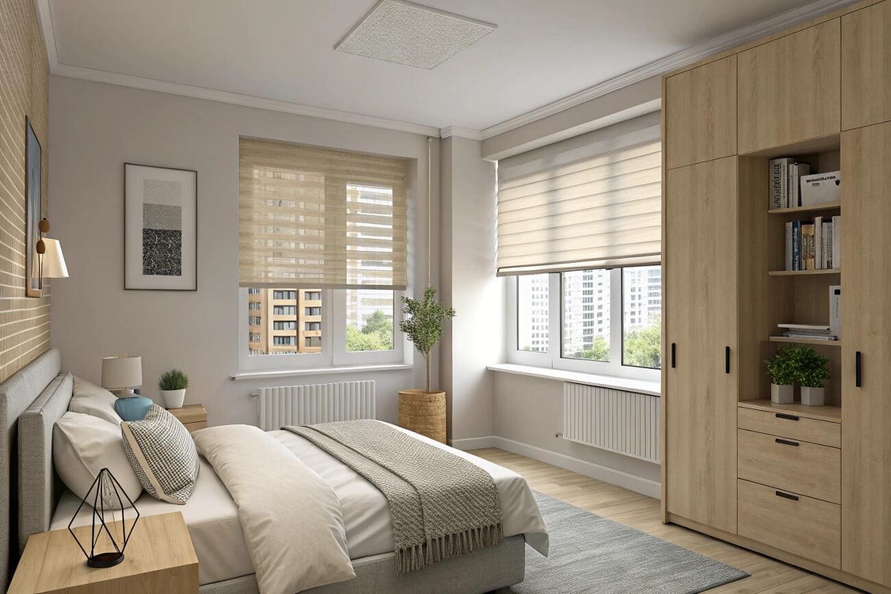 Modern zebra shades offer adjustable light and privacy control in a contemporary bedroom setting.