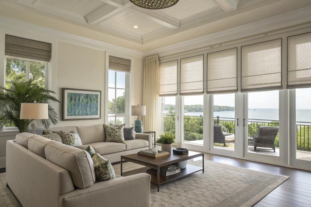 Textured Roman shades complement a luxurious coastal living room with direct ocean views.