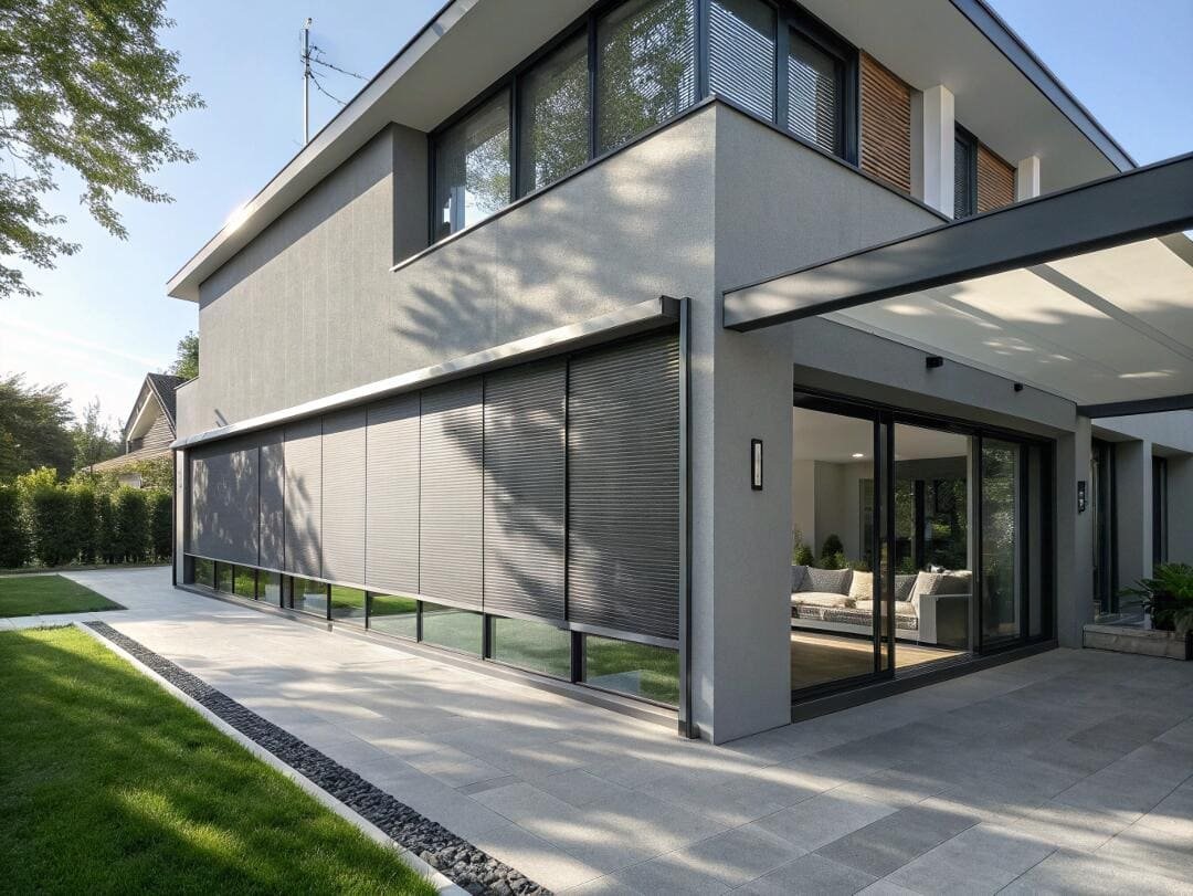 Exterior blinds provide commercial-grade solar heat control for a modern building's facade.