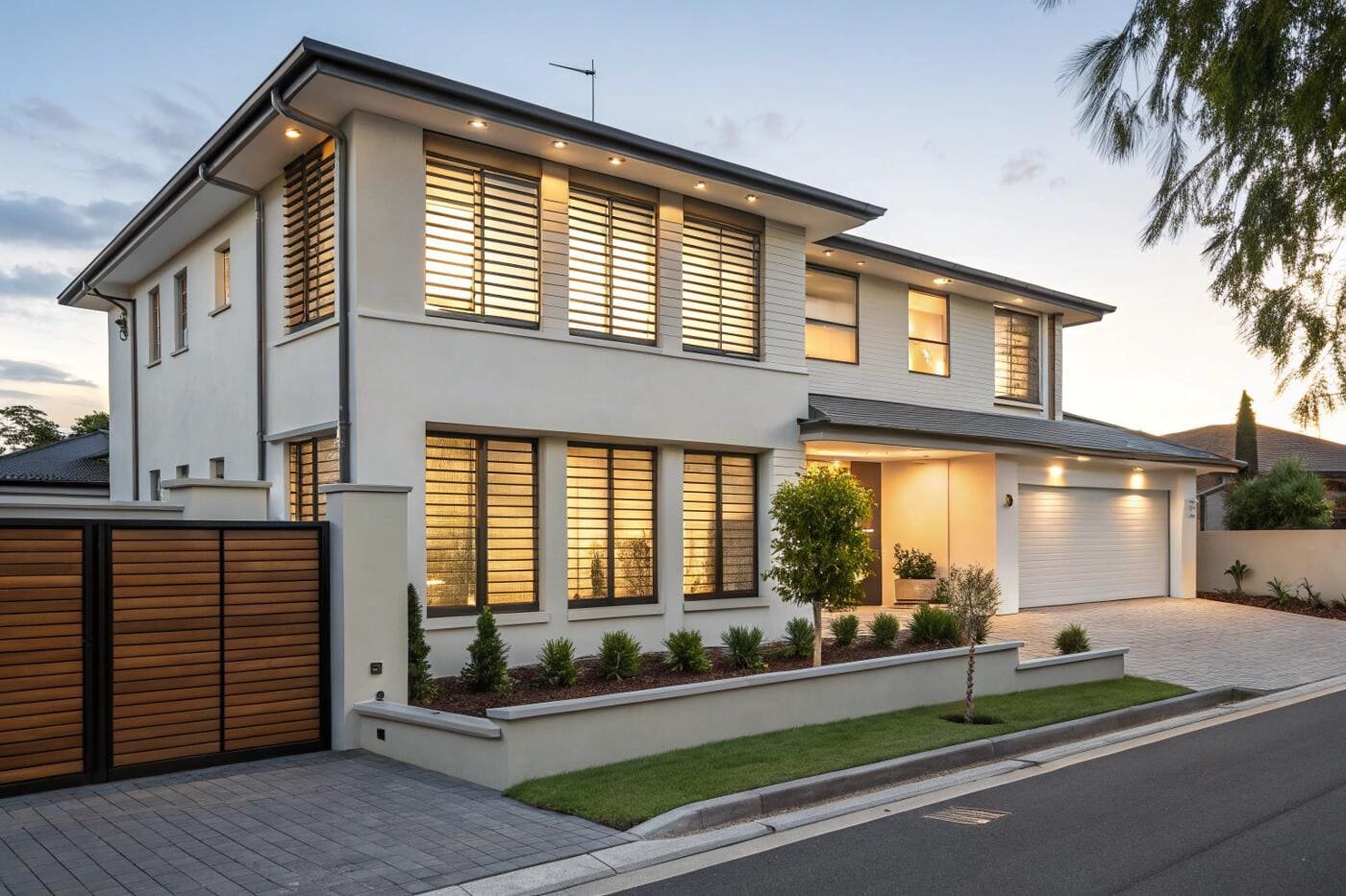 Exterior roller shutters offer security and light control for a modern architectural home.
