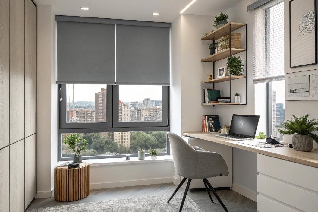 Sleek grey blackout roller shades eliminate screen glare in a modern urban office.
