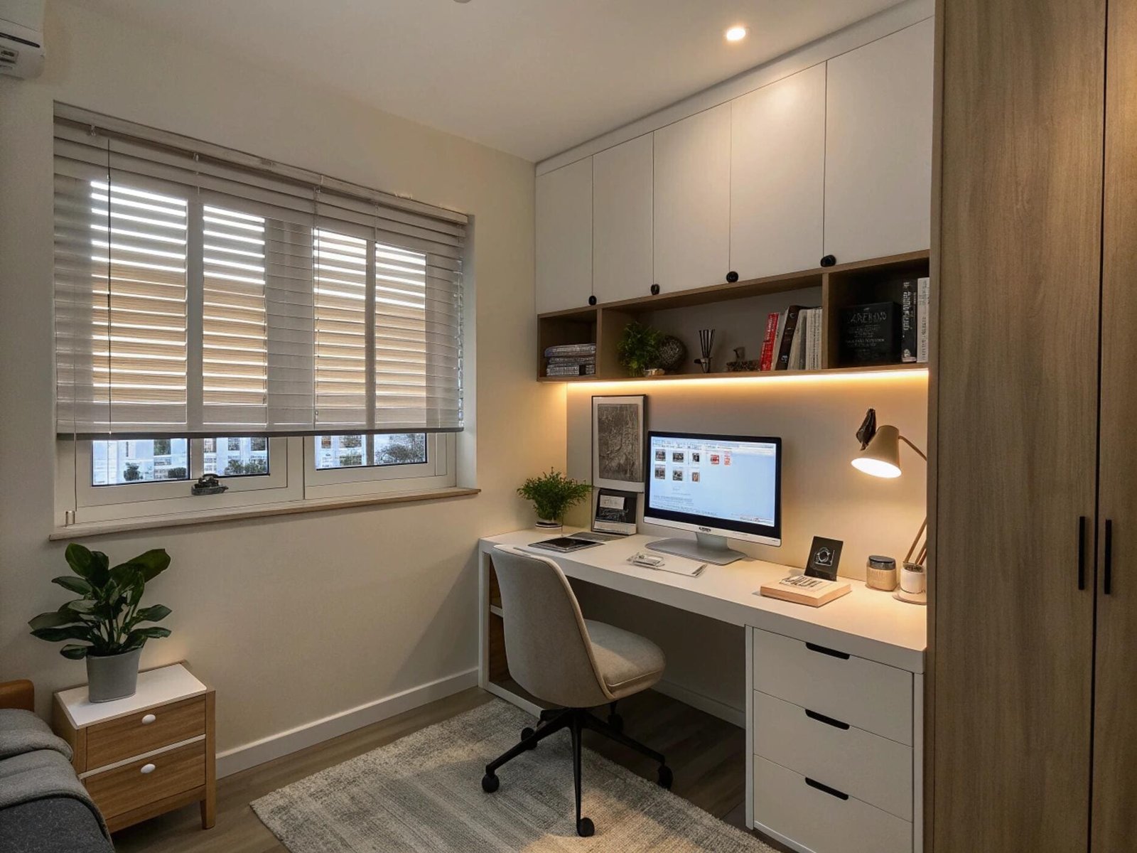 Faux wood blinds with decorative tapes offer privacy and style for a modern home office.