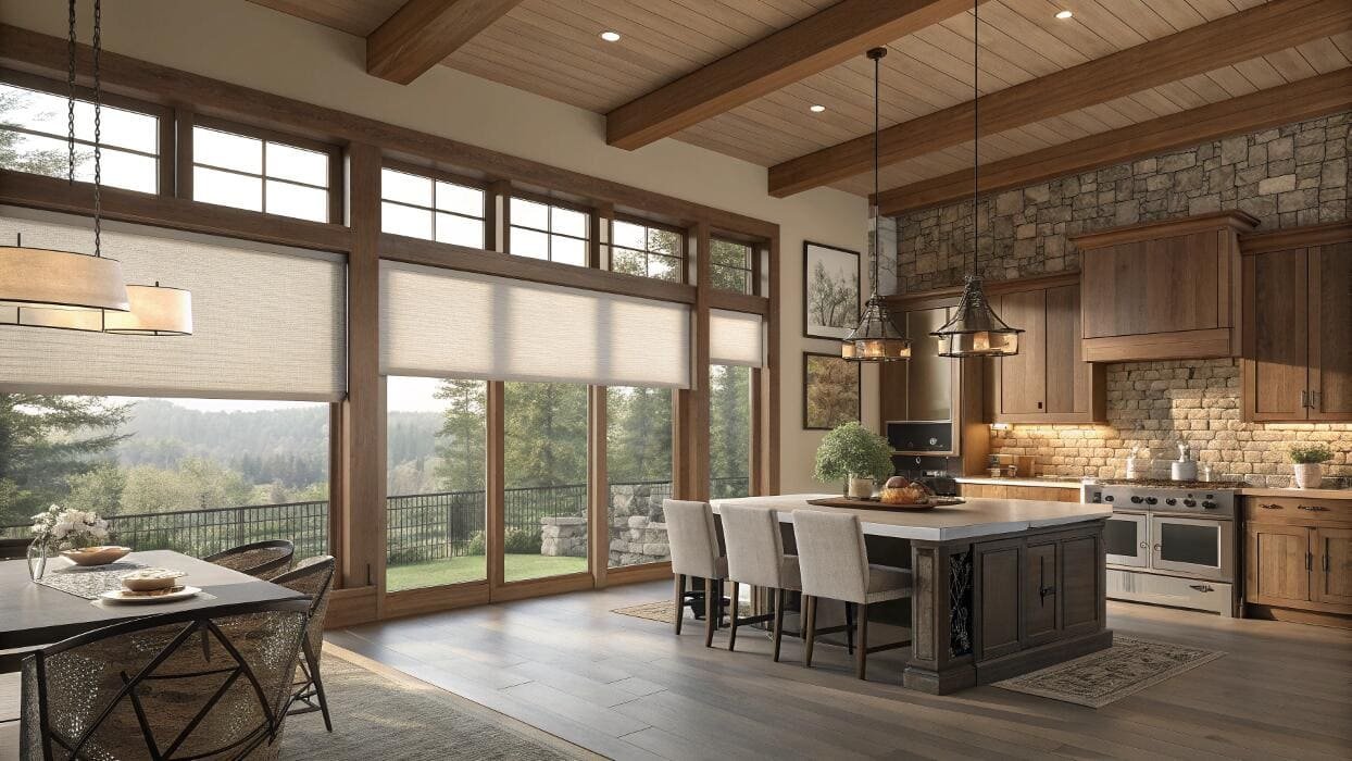 Light-filtering roller shades perfectly complement a rustic, open-concept kitchen and dining room.