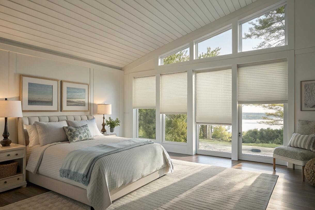 Top-down bottom-up cellular shades preserve views in a coastal bedroom with angled windows.