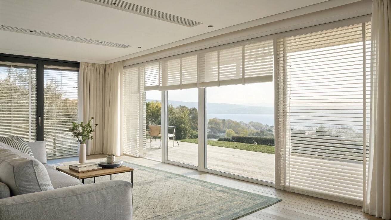 White motorized blinds offer seamless light control across a modern living room's glass wall.