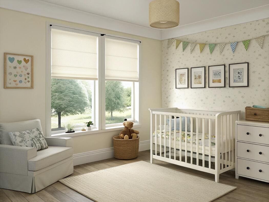 Classic cream-colored Roman shades offer soft, gentle light for a peaceful nursery.