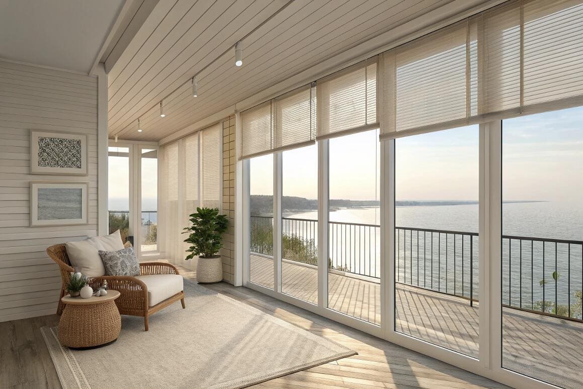 Light-filtering cellular shades preserve the stunning ocean view in a modern sunroom.