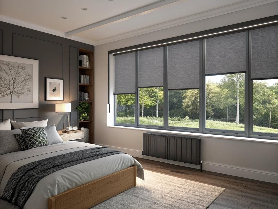 Room darkening roller shades offer sleek light control for a contemporary bedroom design.