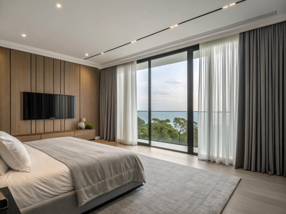 Motorized sheer and blackout drapes offer comfort and views in a modern waterfront bedroom.