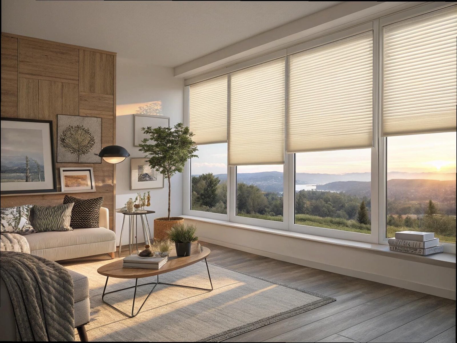 Energy-efficient cellular shades offer a clean look for a modern living room's picture windows.