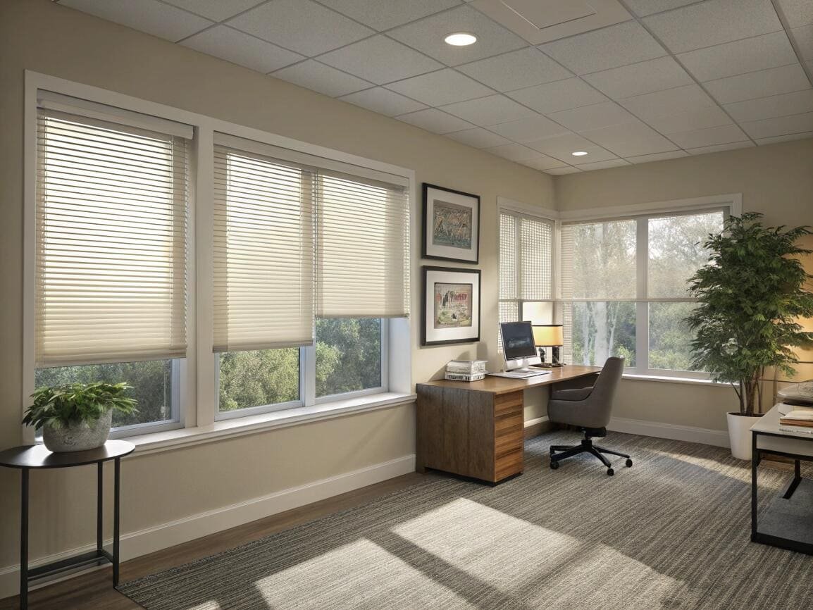 Classic venetian blinds offer precise light and privacy control in a home office.