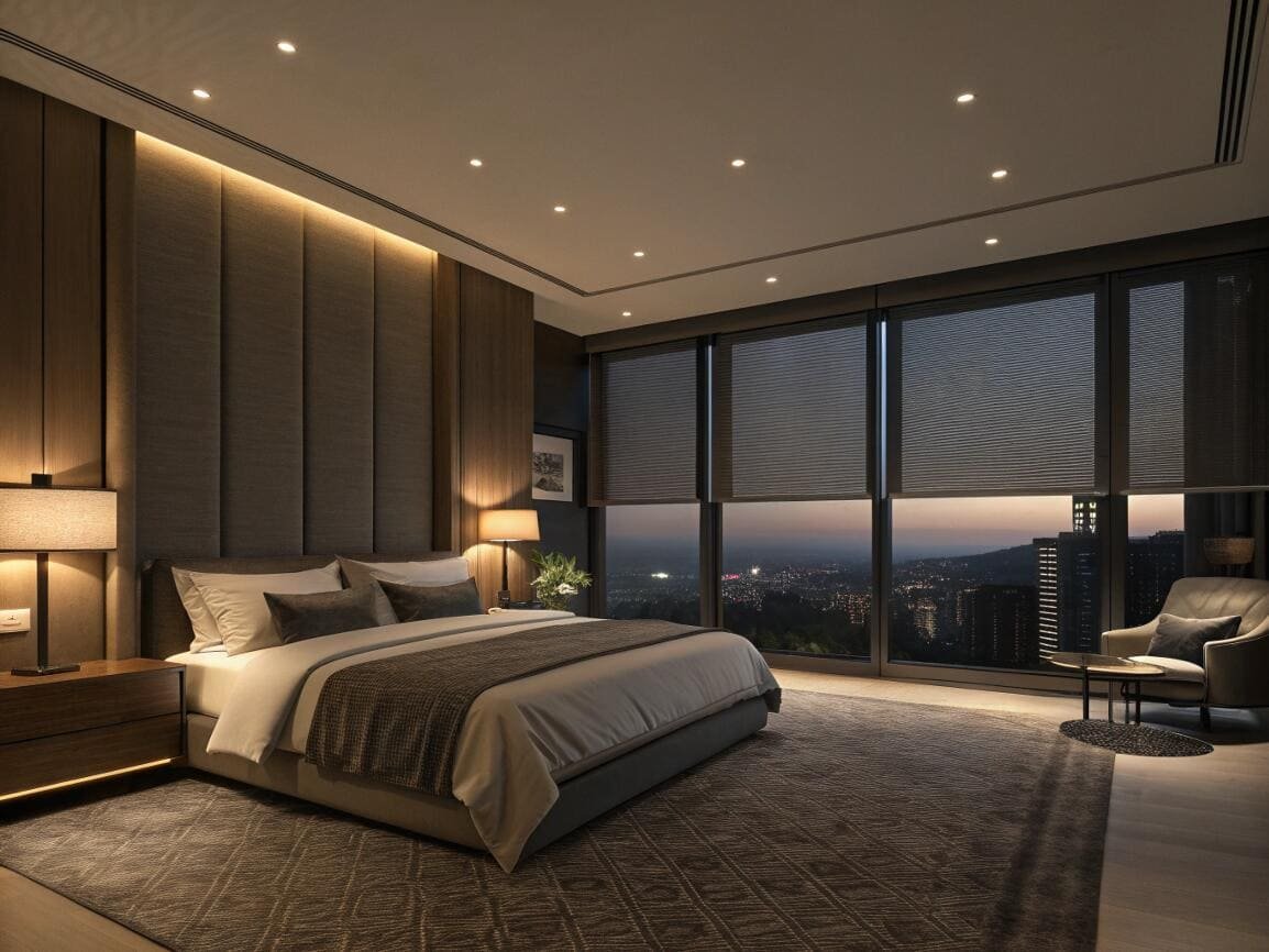 Blackout cellular shades ensure complete darkness for a luxurious modern bedroom with city views.