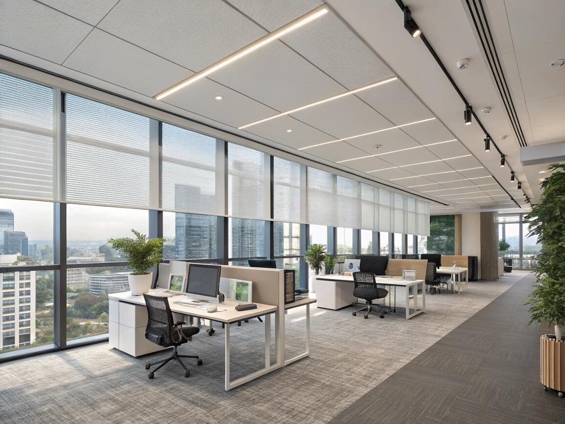 Solar shades provide uniform light control and reduce glare in a modern open-plan office.