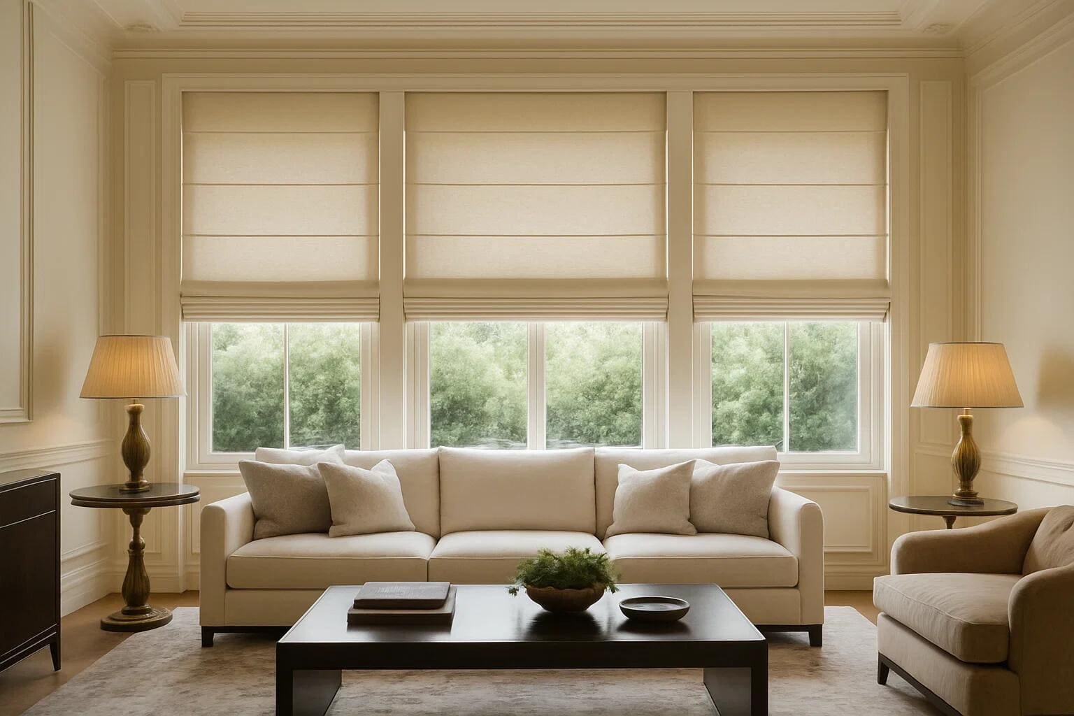 Three elegant Roman shades provide a uniform, tailored look for a traditional living room.