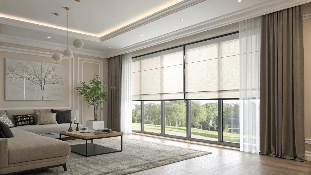 Elegant Roman shades offer soft light diffusion for large, floor-to-ceiling windows.