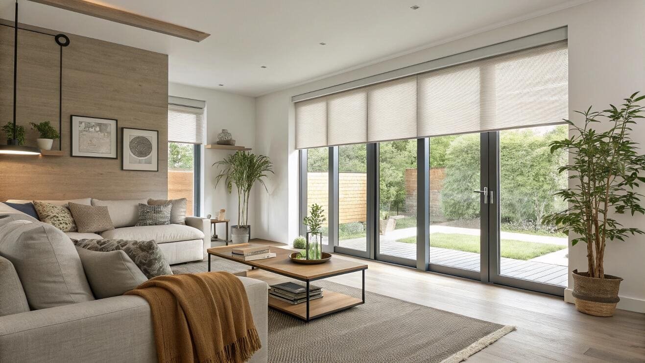 Light-filtering cellular shades cover large sliding glass doors, providing privacy and thermal insulation.