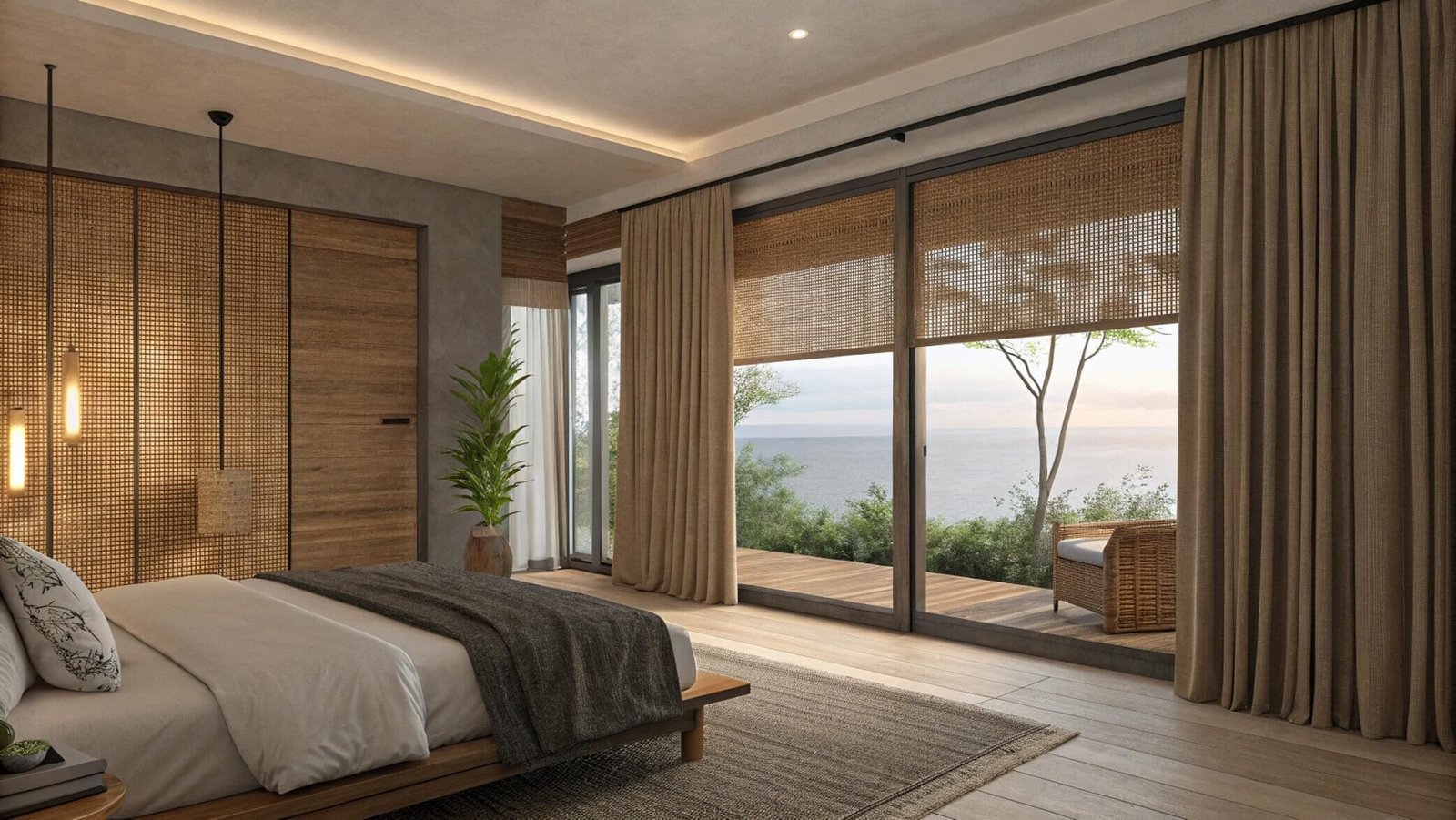 Woven roller shades and curtains offer layered privacy for a coastal bedroom with ocean views.