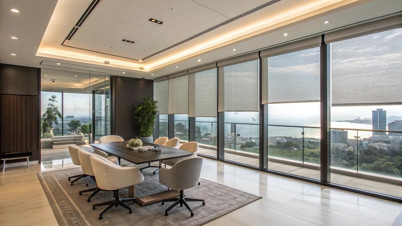 Motorized solar shades in a luxury conference room preserve the ocean view while reducing glare.
