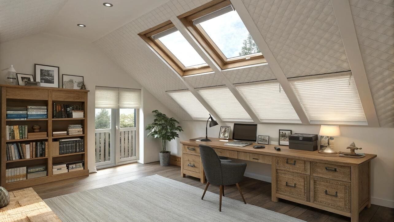 Cellular shades provide adjustable light control for skylights in a modern home office loft.