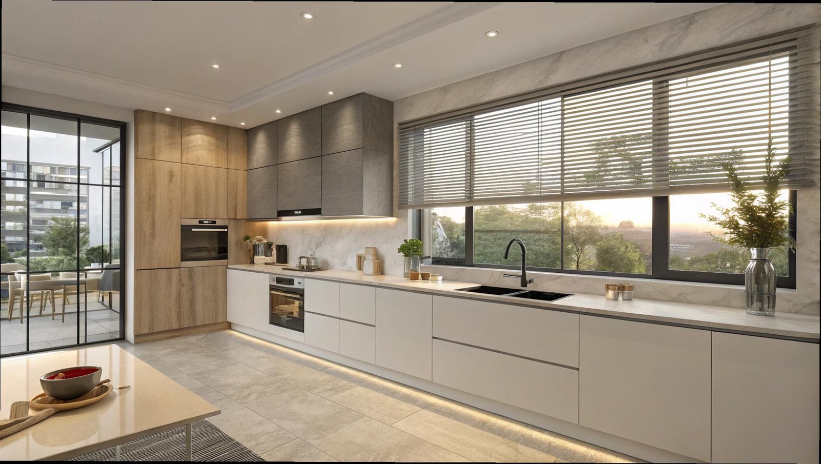 Venetian blinds offering precise light control over a sink in a luxury modern kitchen.