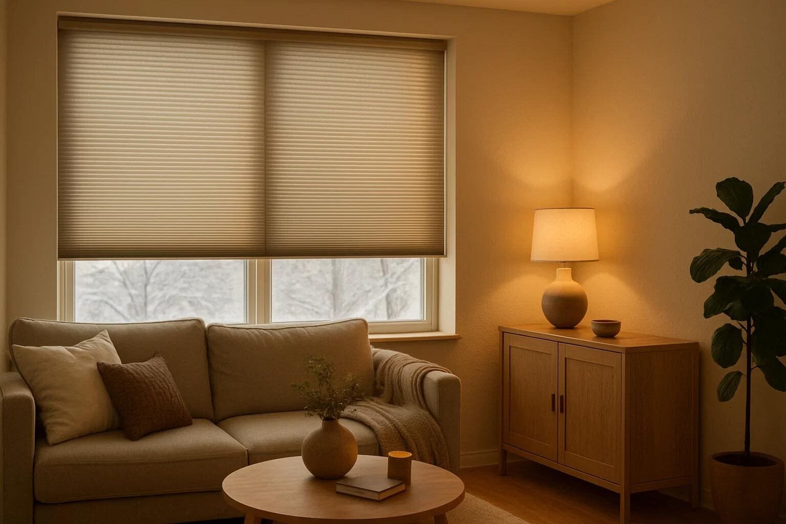 Insulating cellular shades provide thermal comfort in a cozy living room during winter.