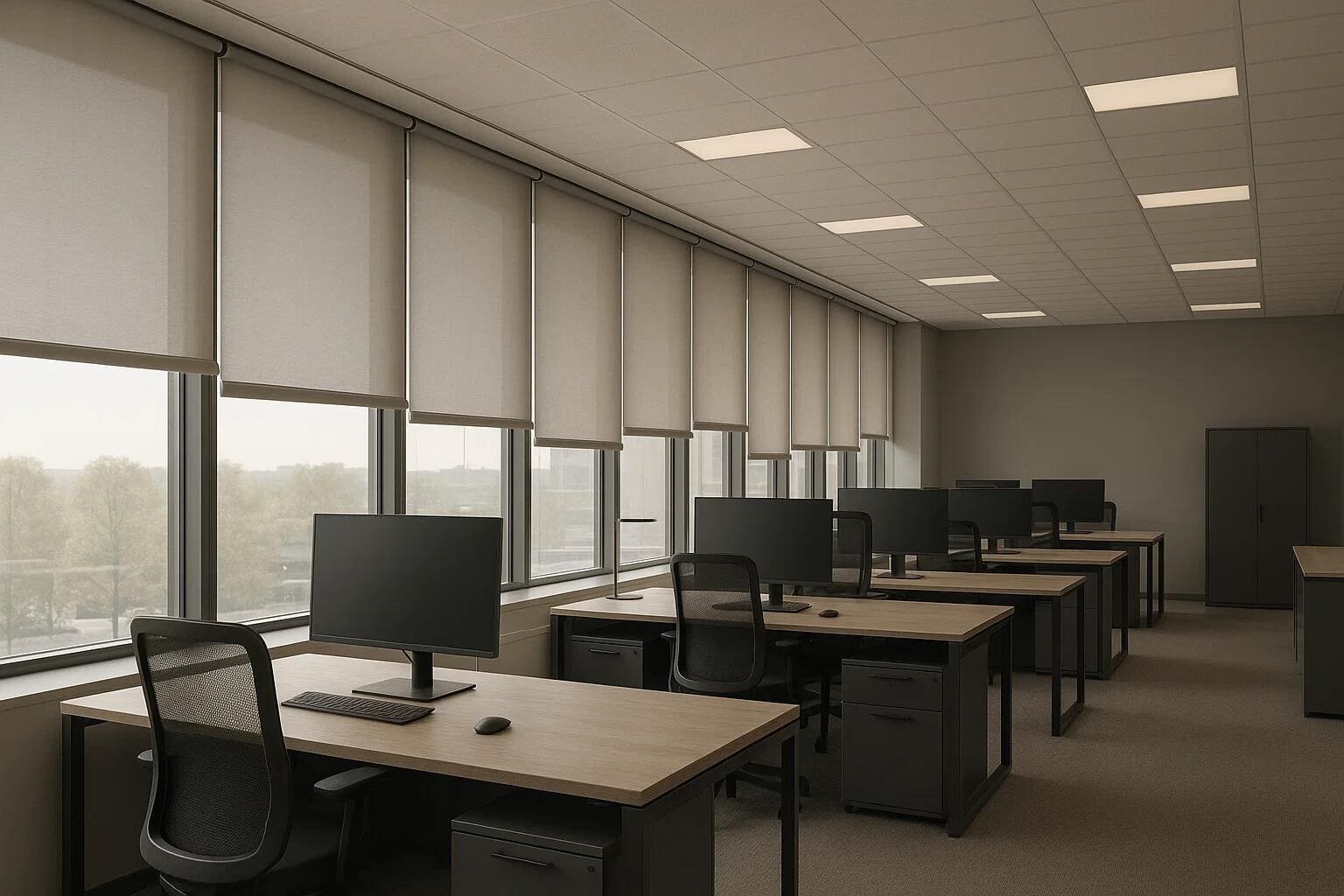 Light-filtering roller shades provide uniform light control in a large corporate office.
