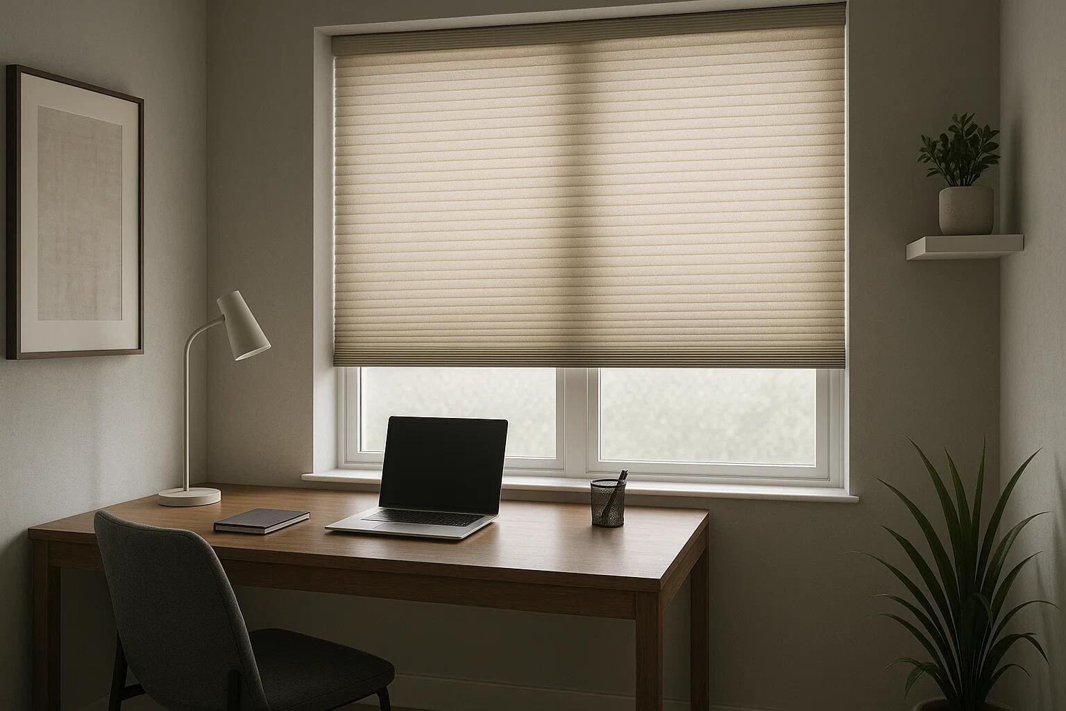 A cellular shade provides glare-free lighting for a productive modern home office workspace.