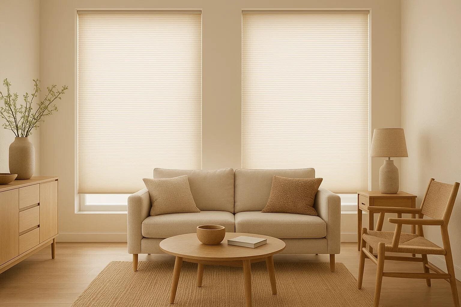 Cellular shades offer a soft, uniform look in a minimal Japandi-style living room.