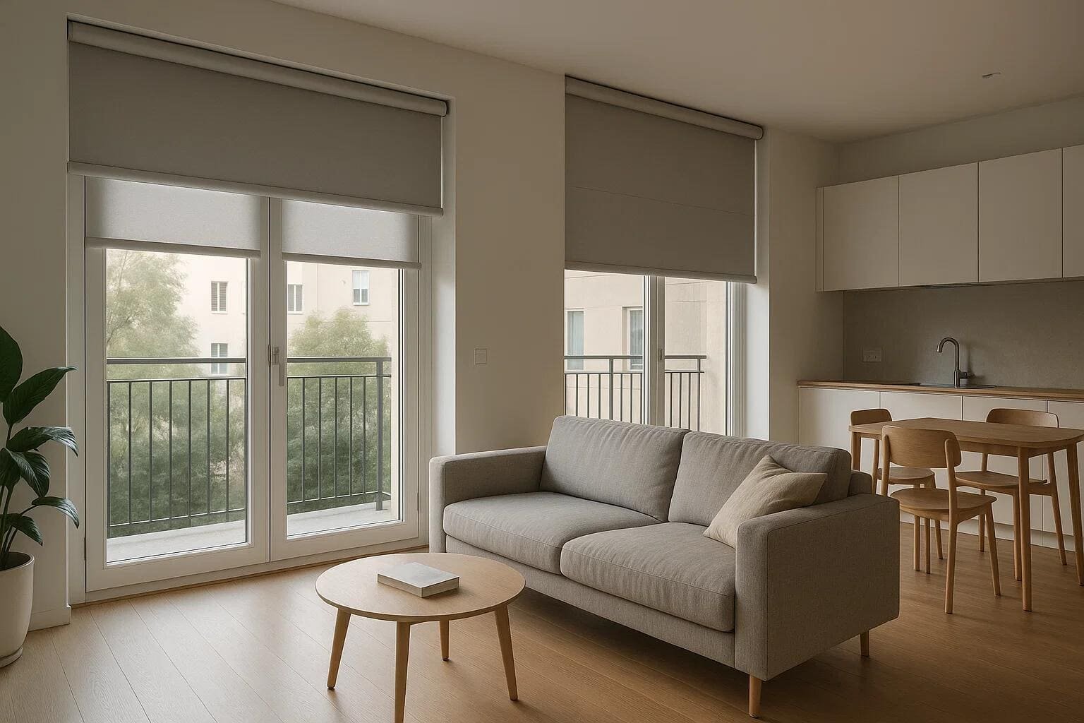 Modern gray roller shades offer a sleek shading solution for tall apartment balcony doors.