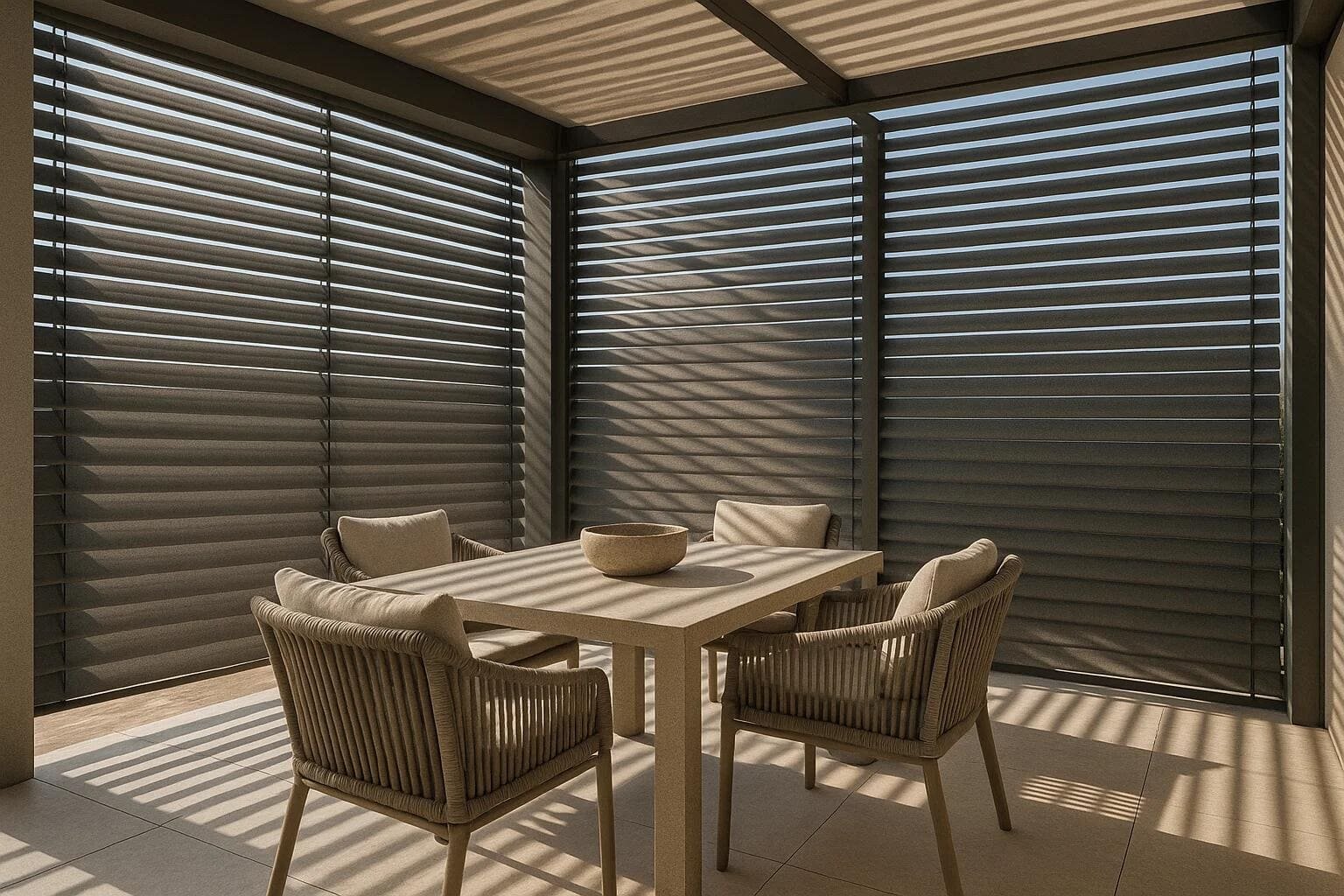 An outdoor louvered blind system provides adjustable shade and privacy for a modern patio.