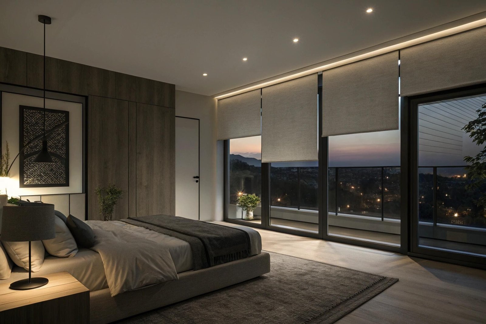 Light-filtering roller shades provide privacy in a luxury bedroom with floor-to-ceiling windows.