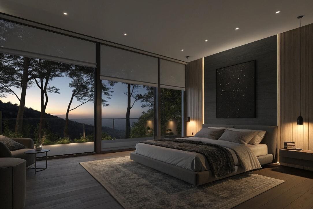 Motorized blackout roller shades provide complete darkness in a luxury bedroom with scenic views.