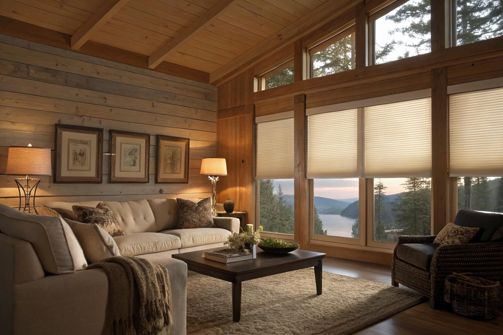 Cellular shades offering insulation in a rustic log cabin living room with a lake view.