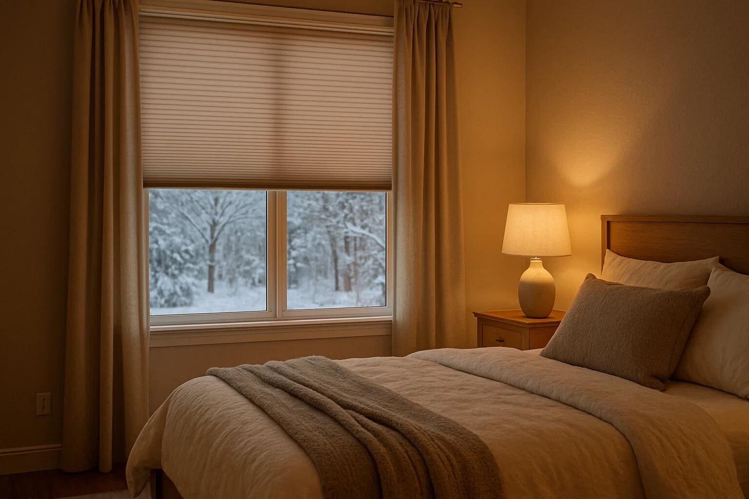 An insulating cellular shade keeps a cozy bedroom warm during a snowy day.