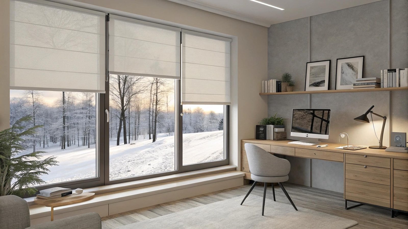 Thermal Roman shades insulating a modern home office with a snowy landscape view.
