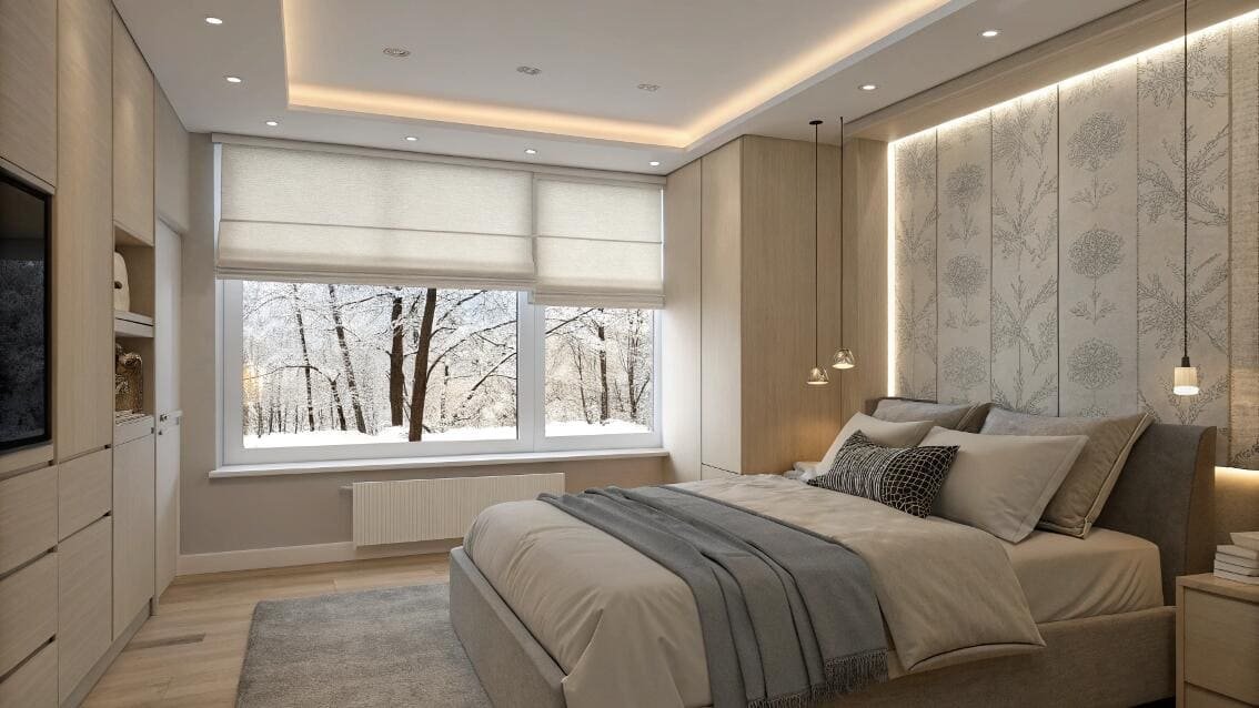 Thermal Roman shades in a modern, luxury bedroom provide privacy and warmth.