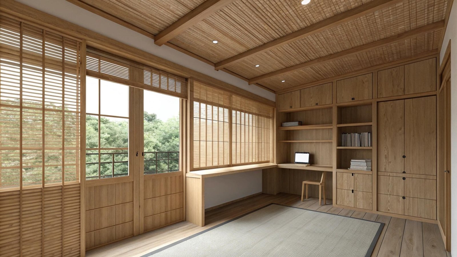 Bamboo blinds in a Japandi-style home office with integrated light wood cabinetry.