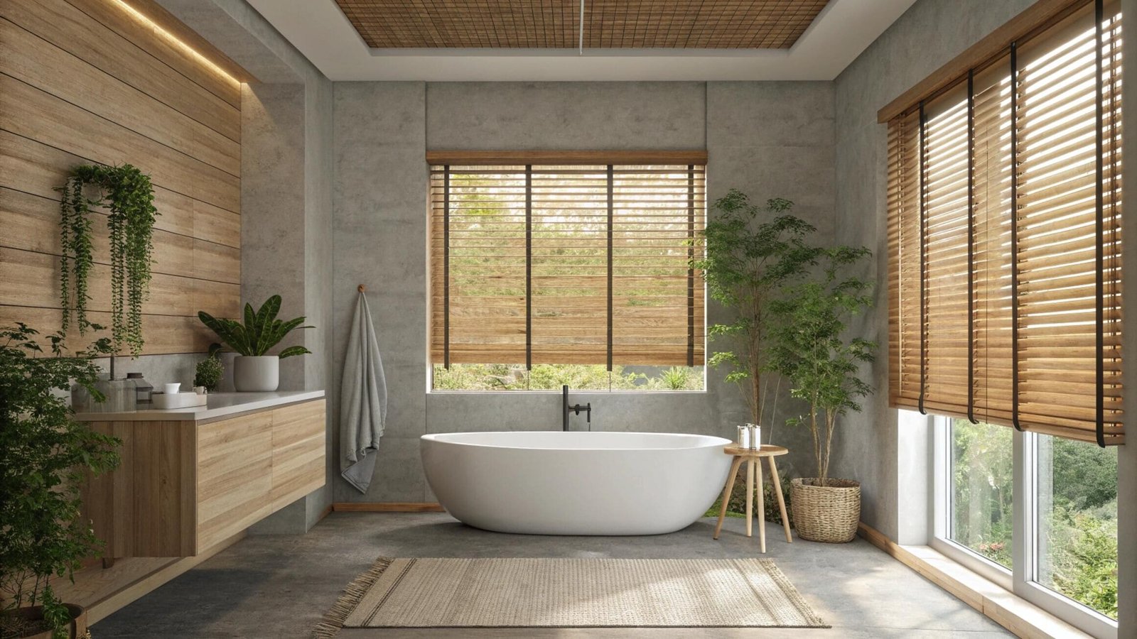 Light oak wood blinds provide privacy in a modern spa-like bathroom with plants.