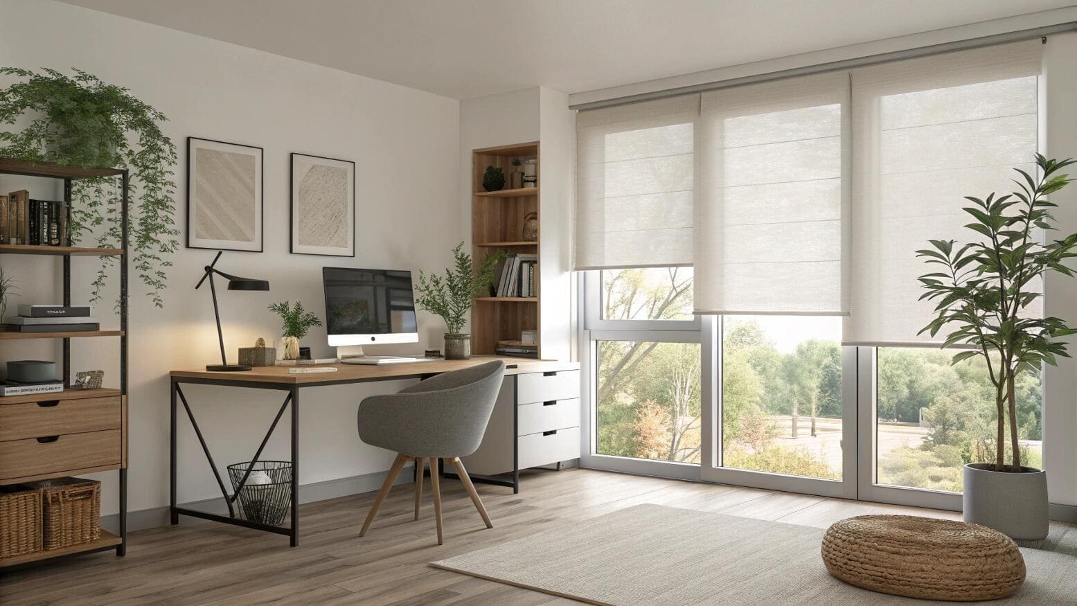 Light-filtering roller shades provide a clean, modern look for a home office.