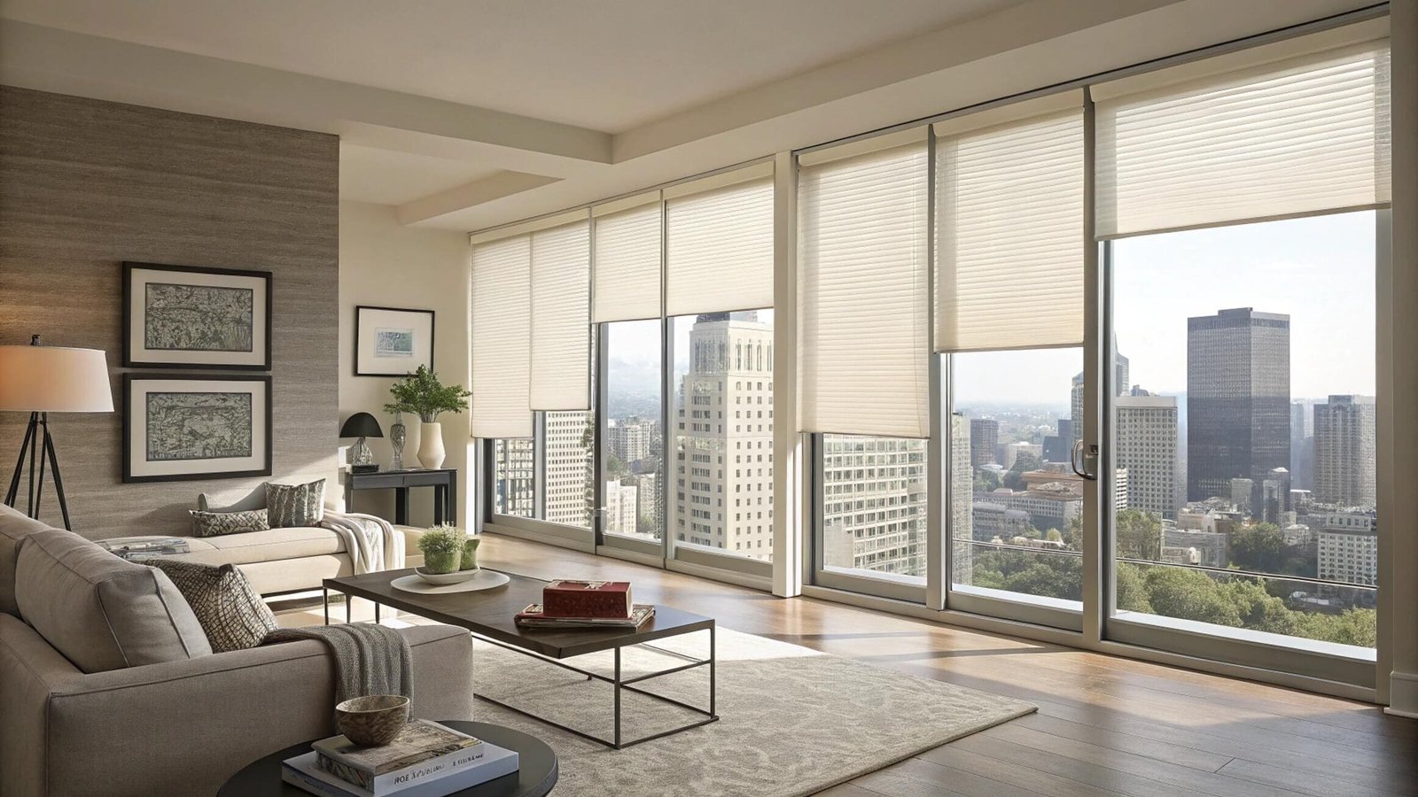 Light-filtering honeycomb shades on floor-to-ceiling windows in a luxury city penthouse.