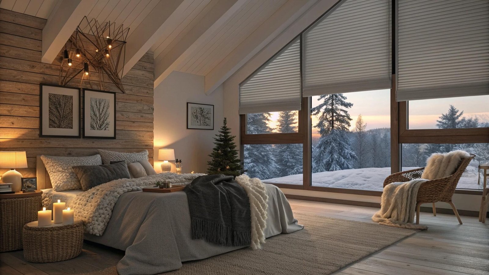 Light-filtering honeycomb shades on floor-to-ceiling windows in a premier city penthouse.