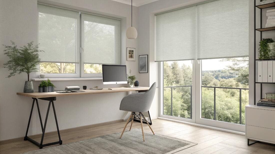 Light-filtering roller shades offer a clean and modern window solution for a bright home office.