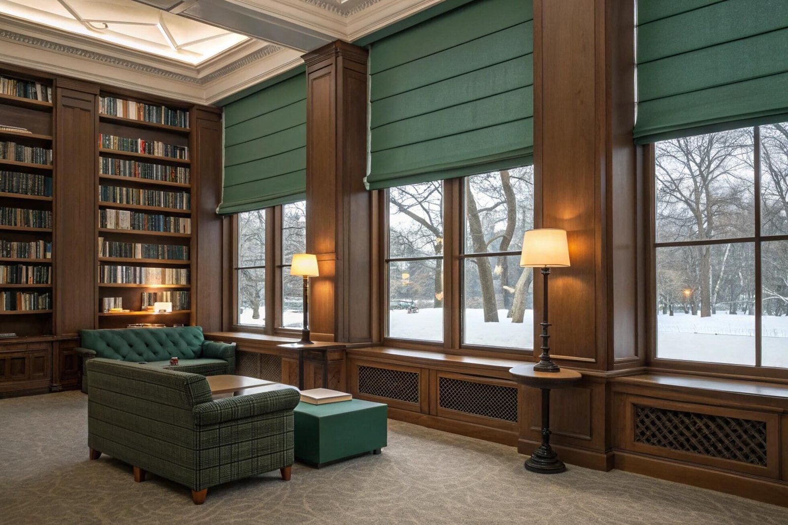 Rich green thermal Roman shades in a classic wood-paneled library or study.