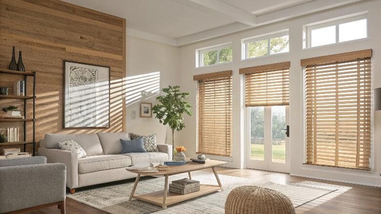 Natural wood Venetian blinds in a modern farmhouse living room with wood wall.